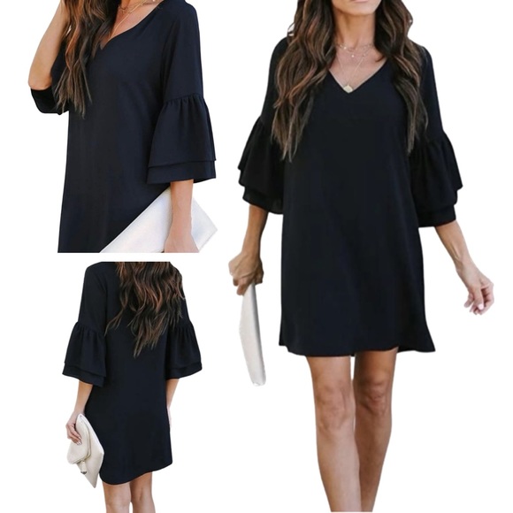 NEW Black Flowy Spring Wedding Formal Office Bohemian Cocktail Dress Medium - Picture 17 of 17